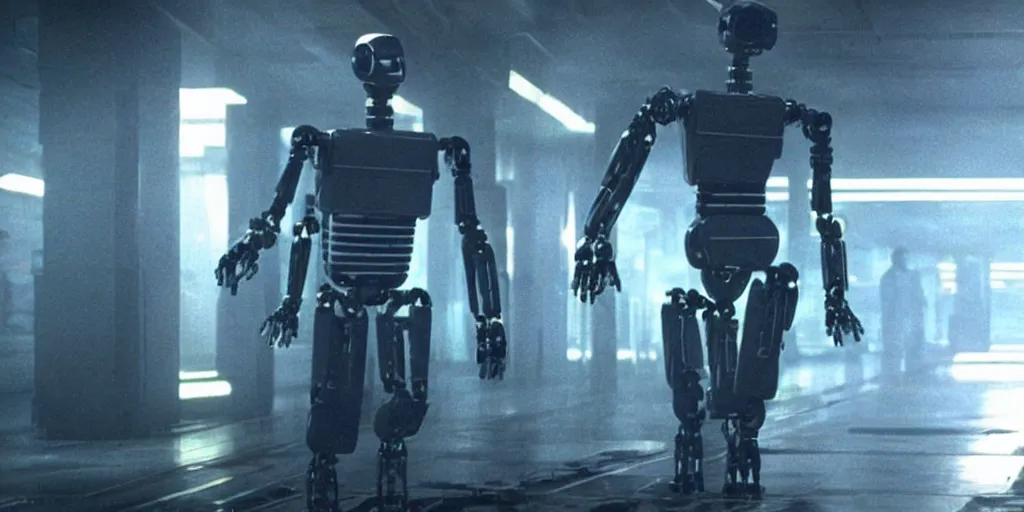 Image similar to human - like robot android in big datacenter shot from ridley scott blade runner movie