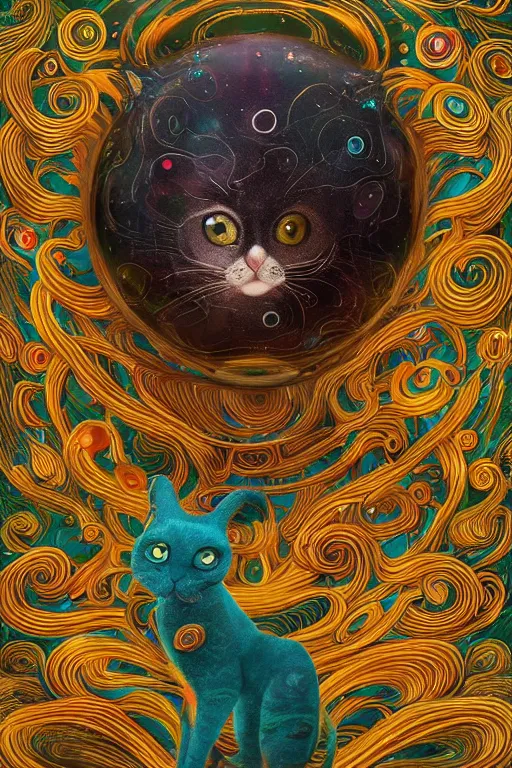 Prompt: Recursive image with a well rounded Calico feline, large eyes, shiny soft fur, anatomically correct, surrounded by swirling wisps of jelly, oil pastels and gold, anime, cartoon, in the style of Victo Ngai, modeled in Poser, Redshift render, UHD