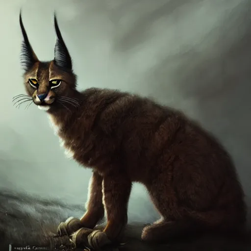 Image similar to a portrait of a cute fluffy caracal wearing leather armor from skyrim, fantasy setting, dark environment, serene colors, soft lighting, atmospheric, cinematic, moody, in the style of diego koi, gina heyer, luiz escanuela, art by alyssa monk, hyperrealism, rule of thirds, golden ratio, oil on canvas, 8 k