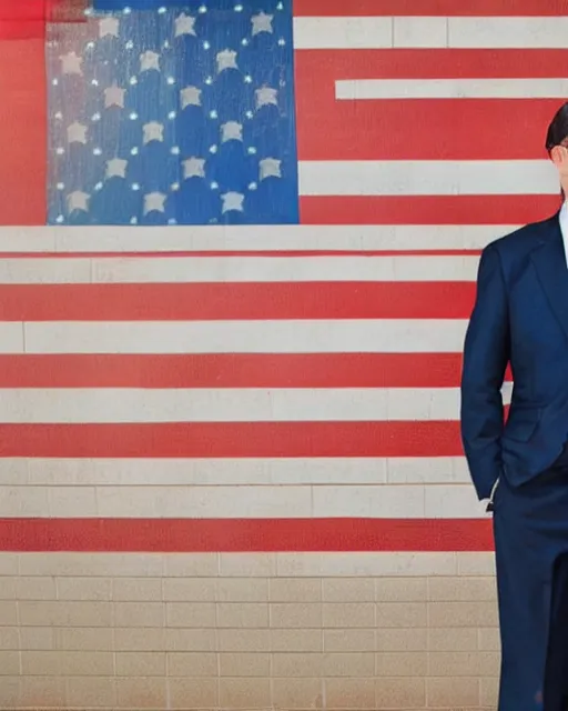 Prompt: a man in a suit and tie standing in front of flags, a character portrait by arlington nelson lindenmuth, reddit contest winner, private press, character, contest winner, adafruit - c 9. 0