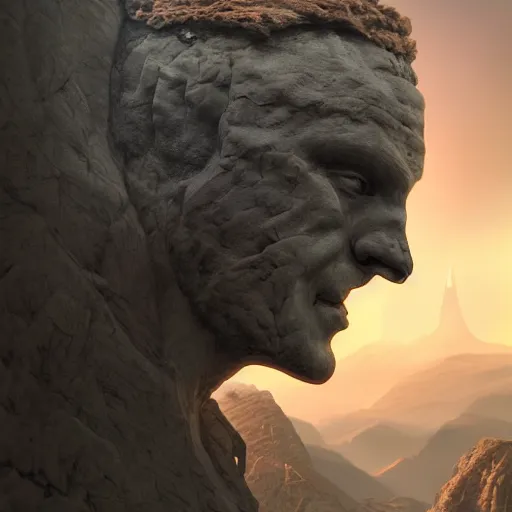Image similar to highly detailed professional landscape painting of ancient monumental alien bust carved into the mountains trending on artstation, ultra detail, atmospheric lighting, sci - fi, futuristic, cyberpunk