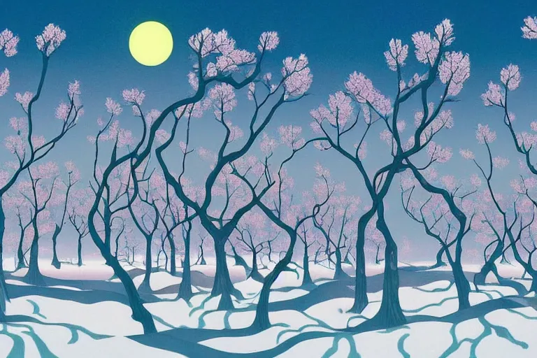 Prompt: A surreal winter forest landscape with barren sakura trees by Chiho Aoshima and Salvador Dali