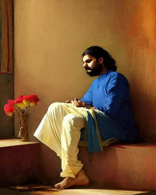 Prompt: a guy in a kurta waiting for his love to come, holding flowers, art by greg rutkowski, gustave courbet, rosa bonheur, edward hopper. faithfully depicted facial expression, perfect anatomy, sharp focus, global illumination, radiant light, detailed and intricate environment, trending on artstation