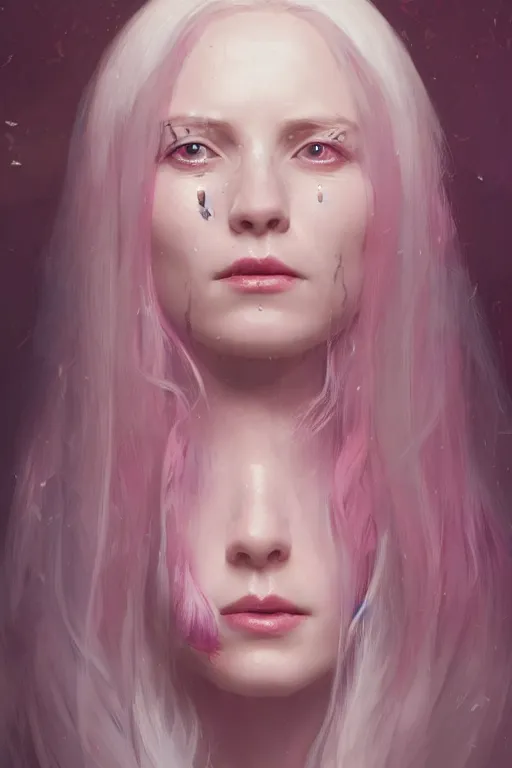 Prompt: a fancy portrait a happy and beautiful women with long white hair and deep pink eye colour by greg rutkowski, sung choi, mitchell mohrhauser, maciej kuciara, johnson ting, maxim verehin, peter konig, 8 k photorealistic, cinematic lighting, hd, high details, dramatic, atmosphereric, trending on artstation
