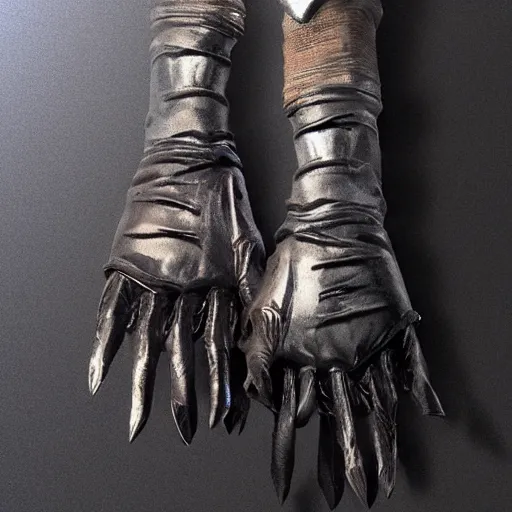 Image similar to gloves with metal claws, old leather gloves with attached talons, pointy fingertips, dark background, highly detailed, 8 k, trending on artstation, mystic, rpg artwork, by peter jackson, by sauron