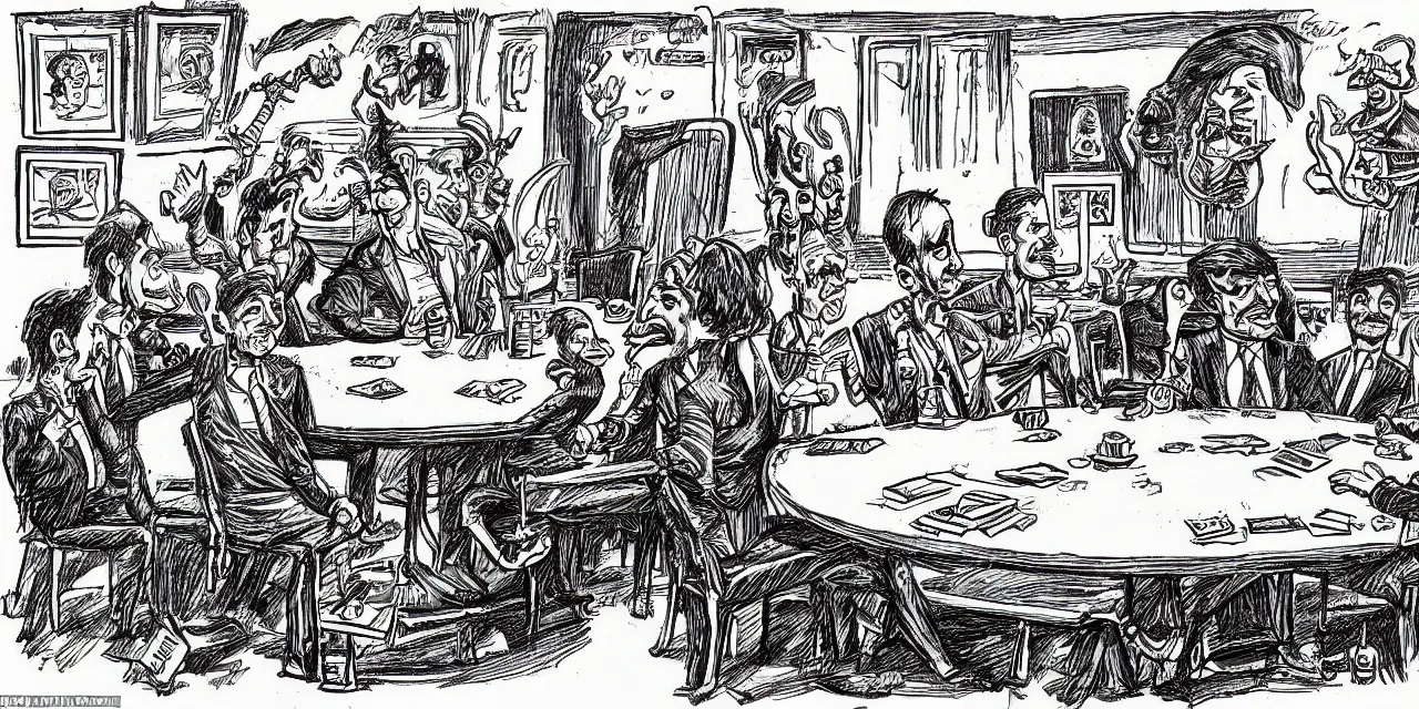 Prompt: surreal caricature sketch by r. crumb, theme of giant insects playing cards while seated around a round table