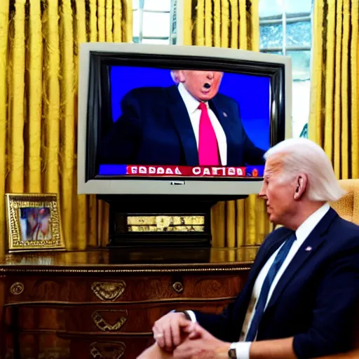 Image similar to donald trump watches a television broadcast of joe biden winning the presidency