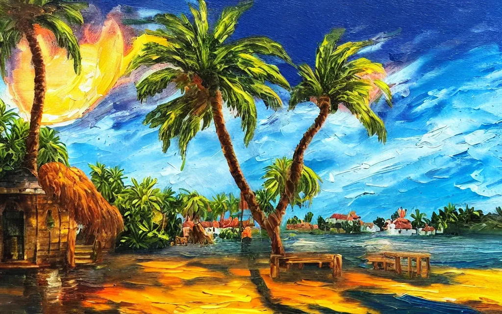 Image similar to a very tiny island surrounded by water with a cute cozy cottage with a terrace, a paved garden courtyard with benches and a fountain, palm trees, river, sunset, puffy clouds, dramatic and dynamic lighting, thick brush strokes oil impasto painting