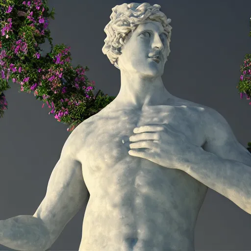 Image similar to a marble statue covered in flowers, full frame, cinematic light , unreal engine,