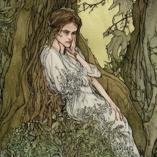 Image similar to a detailed, intricate watercolor and ink portrait illustration with fine lines, of a lovely, pretty, young alicia vikander with a detailed face in a dress sitting on the mossy ground reading under a gnarled tree, by arthur rackham and edmund dulac and ted nutall and mucha