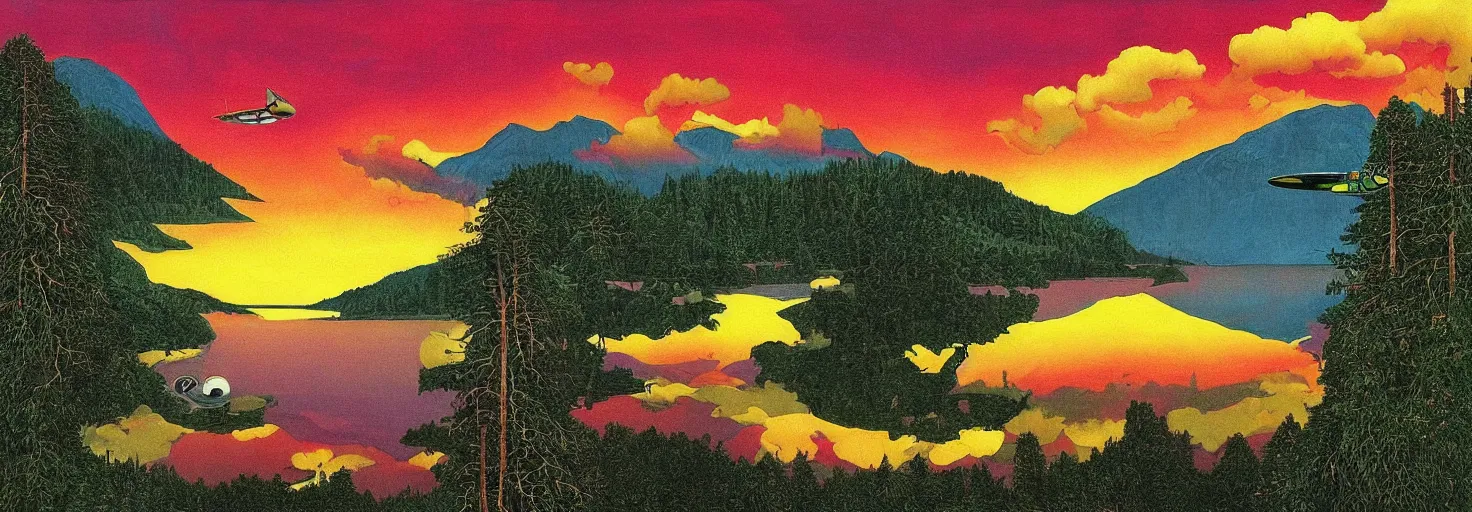 Image similar to escher painting of a lake, big trees reflecting on lake surface, mountains at background, an ufo in the air, fluffy clouds, sunset, yellow, green, red, snowy, ultra sharp, ultra detailed, happy, uplifting, colorized by salvador