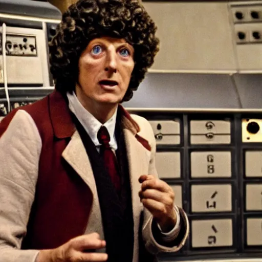 Prompt: Tom Baker as as the Doctor in burgundy costume in the Tardis secondary control room