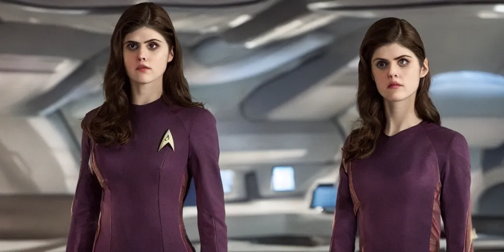 Prompt: Alexandra Daddario is the captain of the starship Enterprise in the new Star Trek movie