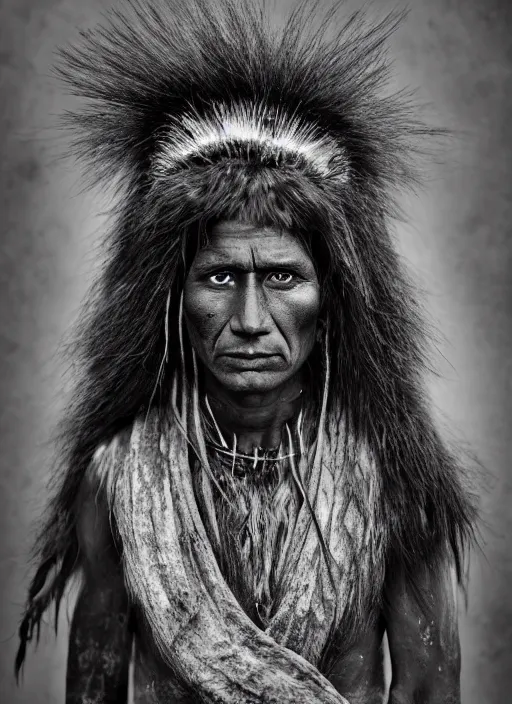 Prompt: Award winning Editorial photo of a Native Iroquois with incredible hair and beautiful hyper-detailed eyes wearing traditional garb by Edward Sherriff Curtis and Lee Jeffries, 85mm ND 5, perfect lighting, gelatin silver process