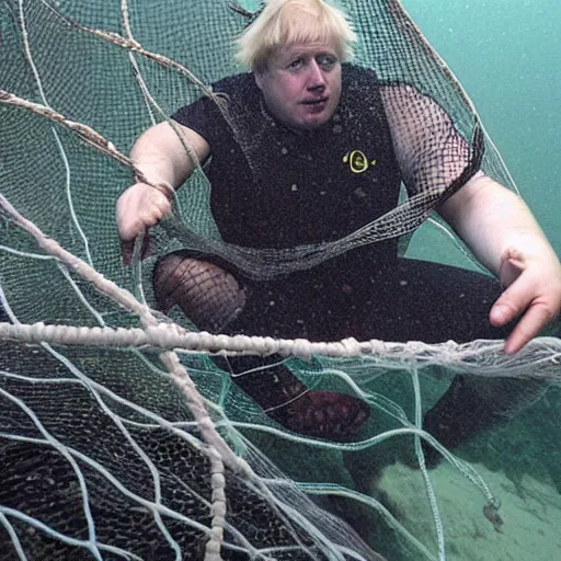 Prompt: boris johnson stuck in a fishing net, underwater, struggling, photo