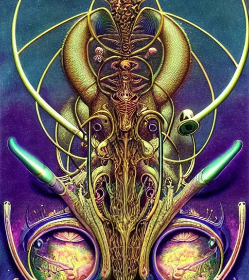 Image similar to tarot style logo of a mythical beast with headphones nodding to some dank techno smiling contentedly with closed eyes. by roger dean and andrew ferez, art forms of nature by ernst haeckel, divine chaos engine, symbolist, visionary, art nouveau, botanical fractal structures, organic, detailed, realistic, surrealism