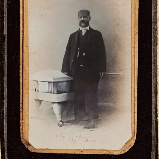 Image similar to cabinet card photo of an open casket funeral