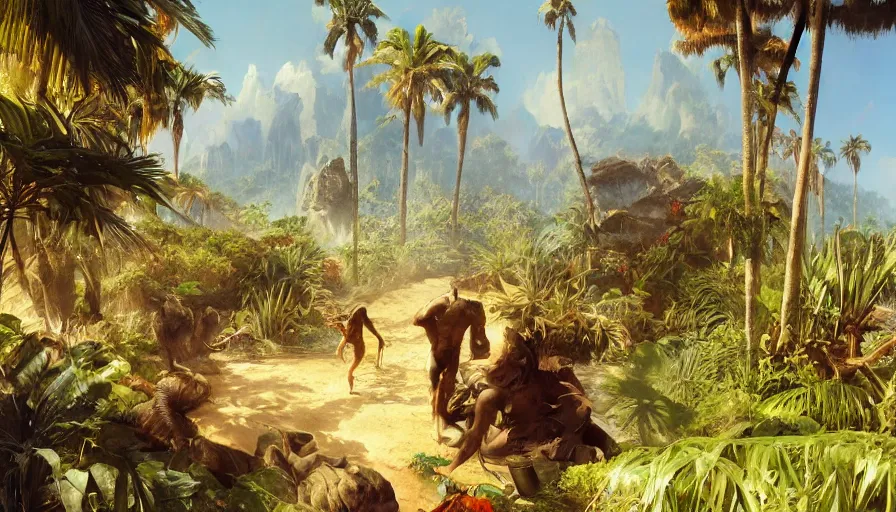 Image similar to craig mullins, frank frazetta art, science fiction landscape, jungle animals and palm trees, water, unreal engine, hyper realism, realistic shading, realistic render, octane render, detailed textures, photorealistic, wide shot
