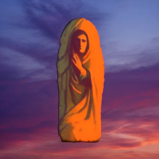 Image similar to sunset clouds in shape of a giant virgin mary ( 1 0 ) face like toast