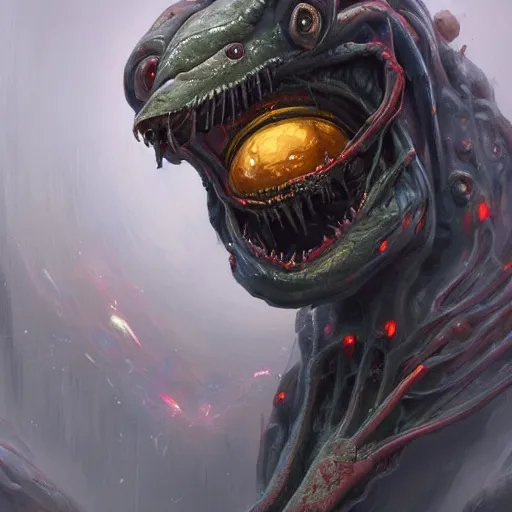 Image similar to scifi portrait by Greg Rutkowski, hideous monster made of twisted human flesh and reddish ooze, lumpy bloated upper body with elongated, thin limbs like a mantis, small head like a ball with two empty holes for eyes, only human beings are its legs, vicious appearance, scifi, space horror, digital painting, artstation, concept art, smooth, sharp foccus ilustration, Artstation HQ.