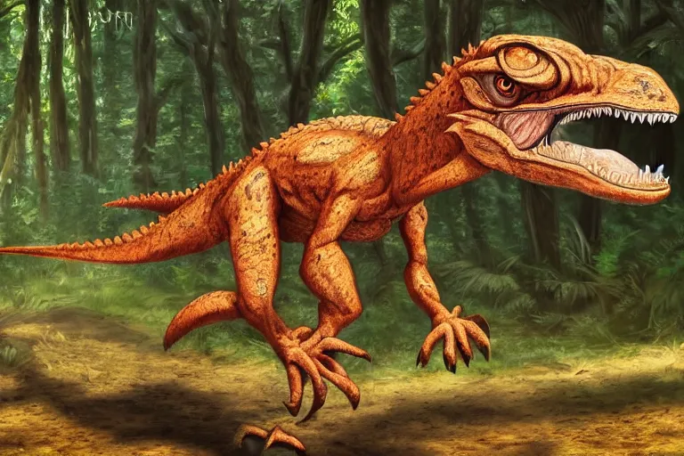 Prompt: highly detailed photograph of a oil velociraptor!! in the forest, featured on pixiv