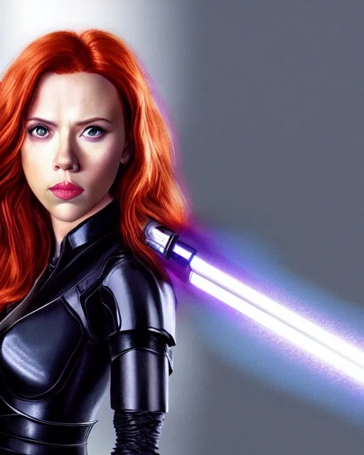 Image similar to scarlett johansson portraying a beautiful mara jade from star wars legends, beautiful scarlett johansson mara jade, in a black suit, without lightsaber, movie, hyper realistic, hollywood promotional image, imax, 8 k