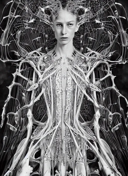 Image similar to walking down the catwalk, ben watts, show, stage, vogue photo, podium, fashion show photo, historical baroque dress dark, iris van herpen, beautiful woman, masterpiece, intricate, biopunk, vogue, full body shot, alien, plant predator, guyver, wires, veins, jellyfish, white biomechanical details, highly detailed