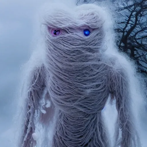 Image similar to an ethereal fluffy ghostly live action muppet wraith like figure with a squid like parasite latched onto its head and four long tentacle arms that flow lazily but gracefully at its sides like a cloak while it floats around a frozen rocky tundra in the snow searching for lost souls and that hides amongst the shadows in the trees, this character has hydrokinesis and electrokinesis is a real muppet by sesame street, photo realistic, real, realistic, felt, stopmotion, photography, sesame street