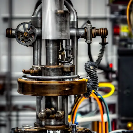 Image similar to A random pointless contraption ((steampunk)) industrial appliance pneumatic machine with no apparent purpose, being operated by a scholarly looking man with a clear directed gaze, XF IQ4, f/1.4, ISO 200, 1/160s, 8K, RAW, unedited, symmetrical balance, in-frame