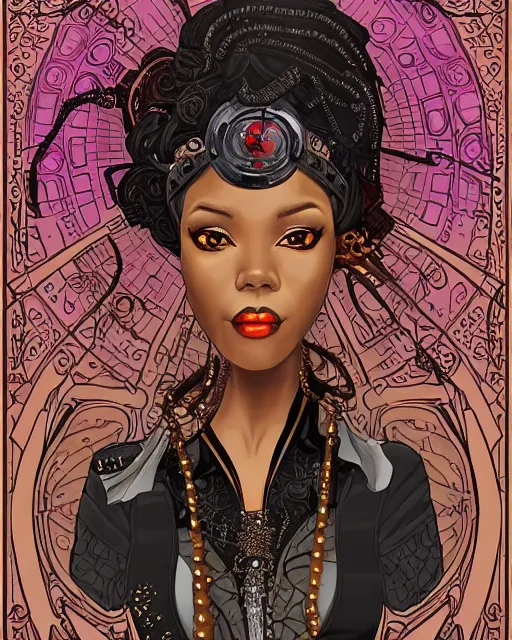 Image similar to a detailed portrait illustration of a steampunk mage - courtesan. beautiful black female face. art nouveau, pop art, comic book style. influenced by neil gaiman, h. p. lovecraft, dan mumford, brian froud, julie bell, killian eng, ross tran.