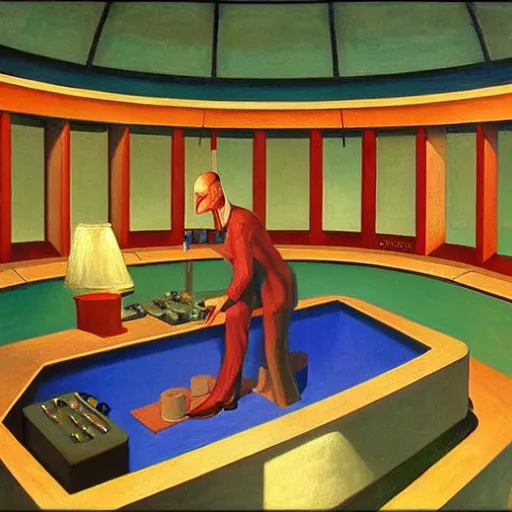 Prompt: portrait of an evil mastermind inside a dome - shaped control center, evil lair,'pj crook '!!,'grant wood '!!, edward hopper, oil on canvas