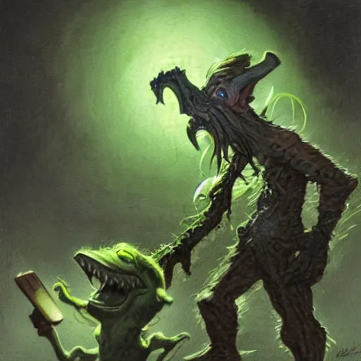 Prompt: greenskin goblin unhappy about his order at mcdonalds cashier, by les edwards