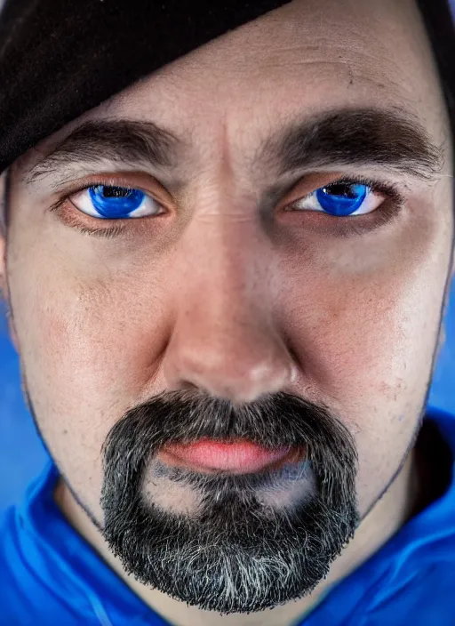 Image similar to fish eye lens close up photograph of a man with blue skin and a goatee side eyeing the camera with a sympathetic look