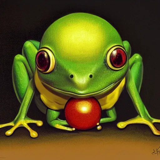 Prompt: ground level wide angle shot of a cute frog bowling with a golden metal ball on a glass surface, concept art, by esao andrews, by m. w. kaluta, by pixar, volumetric light, rich colors, very humorous!!!, realistic reflections, smooth, depth perception, shallow depth of field, 4 k, unreal engine 5, artstation