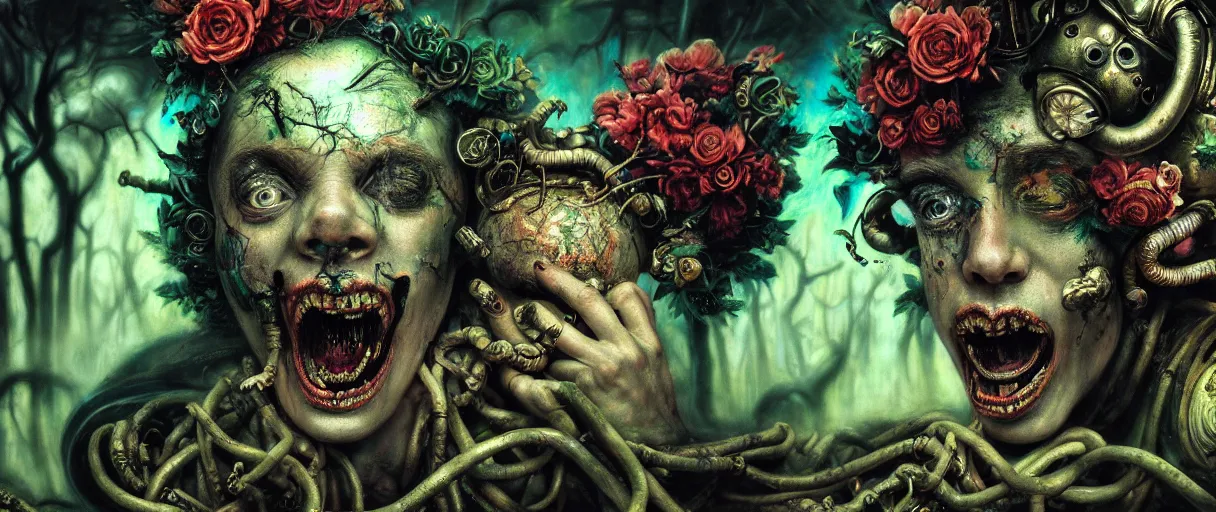 Prompt: hyperrealistic hyper detailed neo-rococo 35mm portrait of baroque cyborg gorgone screaming covered in urban graffiti matte painting concept art dali hannah yata very dramatic forest green lighting low angle hd 8k sharp shallow depth of field