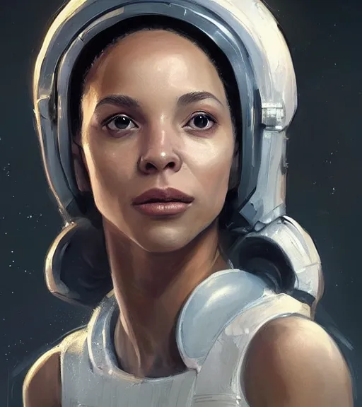 Image similar to portrait of a madeleine mantock 🍑 from the tomorrow people by greg rutkowski, she is about 3 0 years old, slavic, pretty, blond hair with two strans around her face, she is wearing a futuristic space gear, highly detailed portrait, digital painting, artstation, concept art, smooth, sharp foccus ilustration, artstation hq.