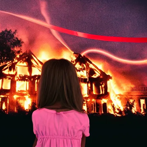 Image similar to young girl watching an old victorian house burning, the background burning houses, destroyed churches, and red ribbons fly into the black sky