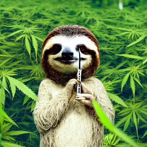 Prompt: a super chill sloth smoking a joint in a field of weed, HD photograph 8K trending on artstation