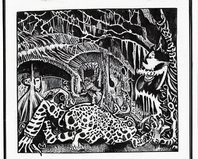 Image similar to surreal b & w nightmarish garden las pozas, mayan jaguar warrior, ink by frank miller and jose guadalupe posada, crayon and cut up, punk fanzine 1 9 6 7