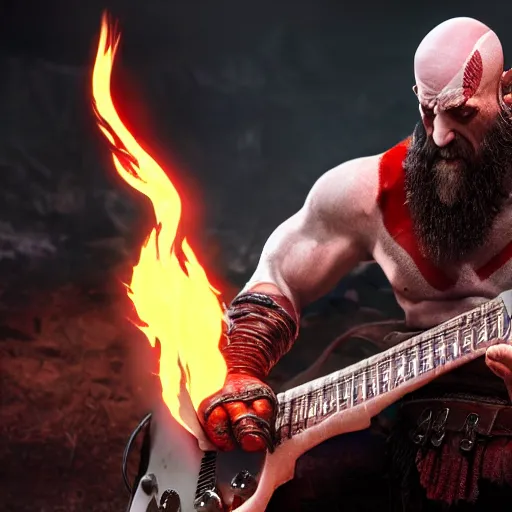 Image similar to screaming kratos shredding on a flaming stratocaster guitar, cinematic render, god of war 2 0 1 8, santa monica studio official media, lightning, viking armor, head turned