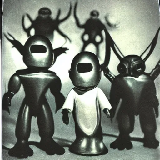 Image similar to polaroid photograph of horrorific alien beings visiting earth, 1 9 5 0