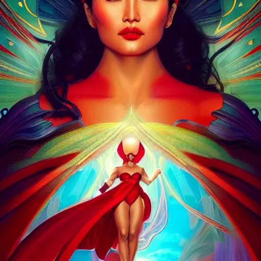 Image similar to heart evangelista as darna, volumetric lights, red and cyan theme, art nouveau botanicals, intricate, highly detailed, digital painting, artstation, concept art, smooth, sharp focus, cinematic, illustration, beautiful face, art by artgerm and greg rutkowski and alphonse mucha