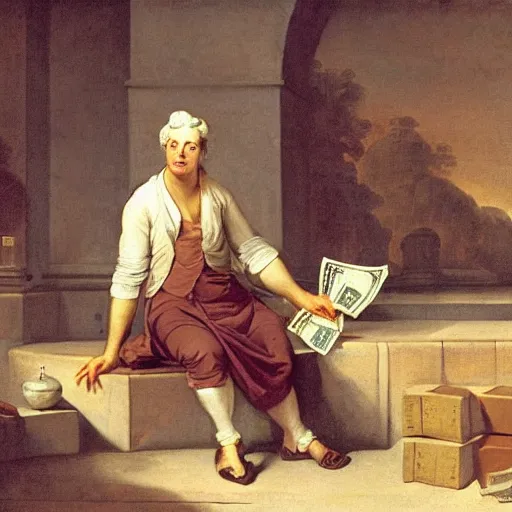Image similar to Joseph Ducreux disregarding pile of money