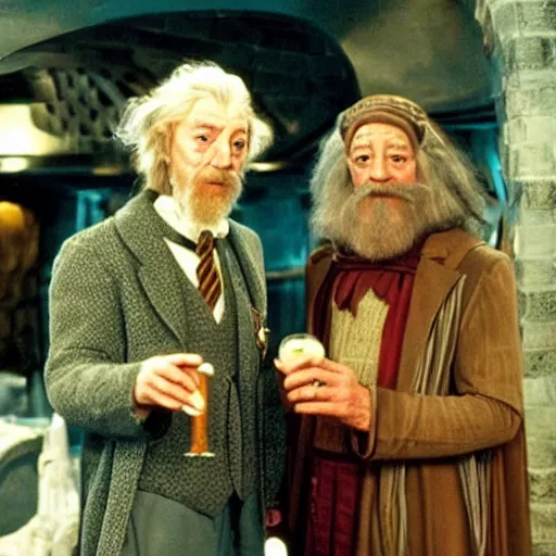 Image similar to harry potter and gandalf in quark's bar on deep space nine