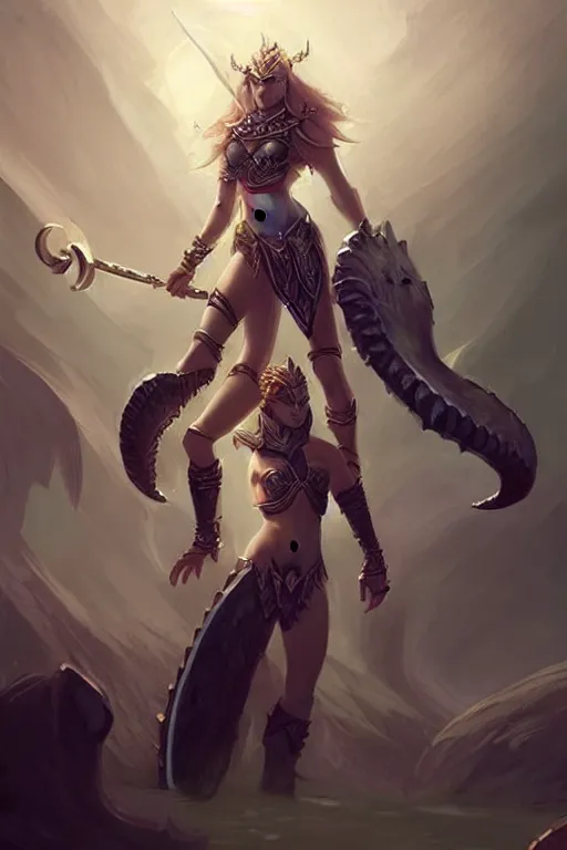 Image similar to a small triton girl wearing scale armor riding on a the shoulders of a large male goliath wearing fur and leather armor, dnd concept art, painting by ross tran and WLOP