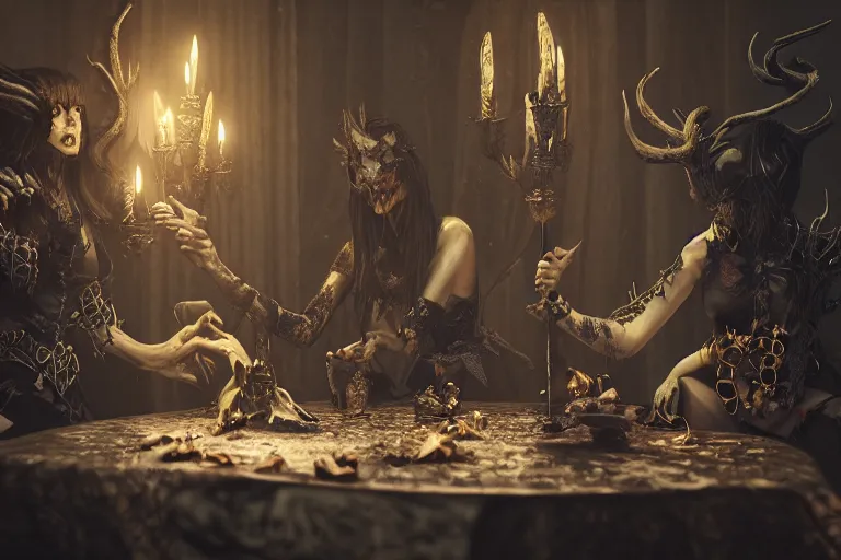 Image similar to dark witches doing a ritual. Ornate details, award winning, Octane render, 4k, 8k, unreal 5, very detailed, hyper control-realism, trending on artstation.”