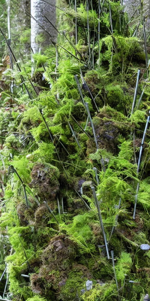 Image similar to tall and slender concrete rods emerge out of the gravel. Moss and ferns grow from holes in the rods. The rods are clustered very close together and stand straight and tall.