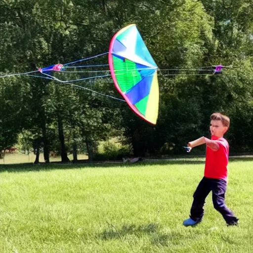 Prompt: a boy flying a kite with the shape of a drone tied to a string.