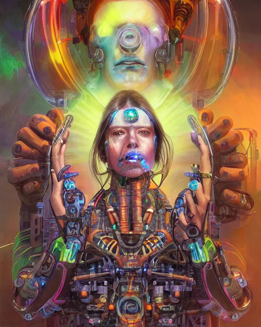 Image similar to a futuristic hippie wearing tie - dye and cybernetic - implants | cyberpunk art | highly detailed | very intricate | symmetrical | cinematic lighting | award - winning | closeup portrait | painted by donato giancola and mandy jurgens and rossdraws and rhads | featured on artstation