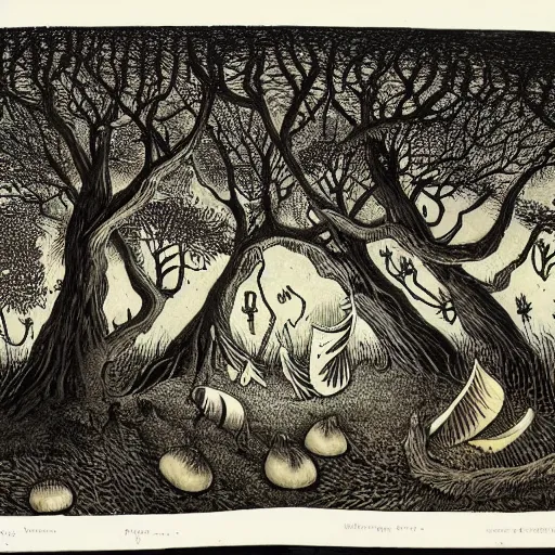 Prompt: 1 9 th century wood - engraving, whole page illustration, art in the style of alex colville, a tiny village carved into the side of a tree, inhabited by elves and faeries, the outside lights are bioluminescent mushrooms and fungi intricately detailed